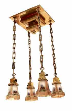 Appraisal: Arts Crafts brass four-light hanging lamp with shades first quarter