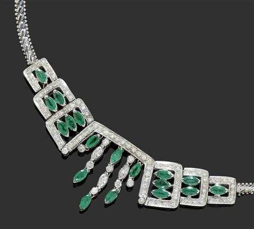 Appraisal: EMERALD AND DIAMOND NECKLACE ca White and yellow gold Elegant