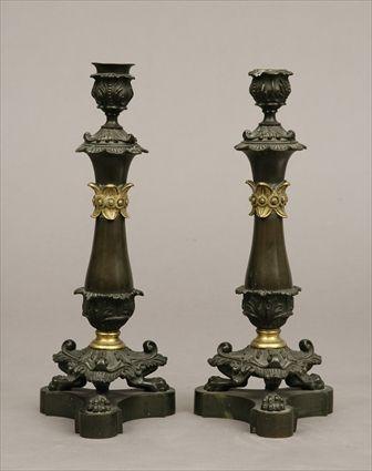 Appraisal: Pair of Empire-Style Patinated and Gilt-Metal Candlesticks x in