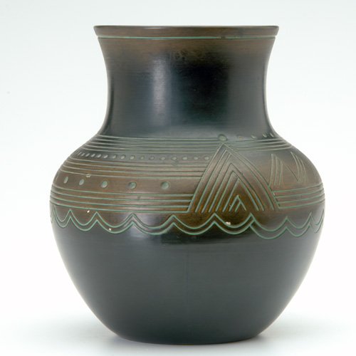 Appraisal: NORSE Large baluster vase incised with a Native American landscape