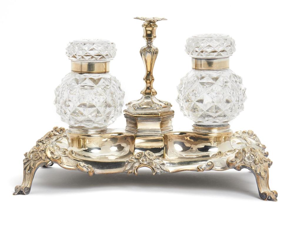 Appraisal: A silver plated and cut crystal footed double inkwell Mid-