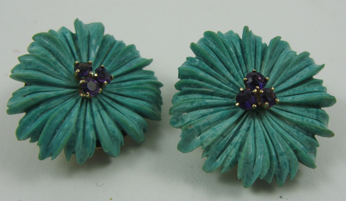 Appraisal: PAIR OF CARVED TURQUOISE EAR CLIPS each a carved turquoise