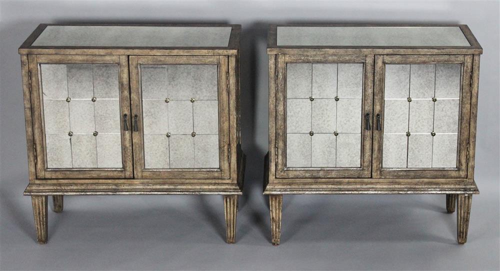 Appraisal: PAIR OF REGENCY STYLE FAUX DISTRESSED MIRRORED SIDE CABINETS each