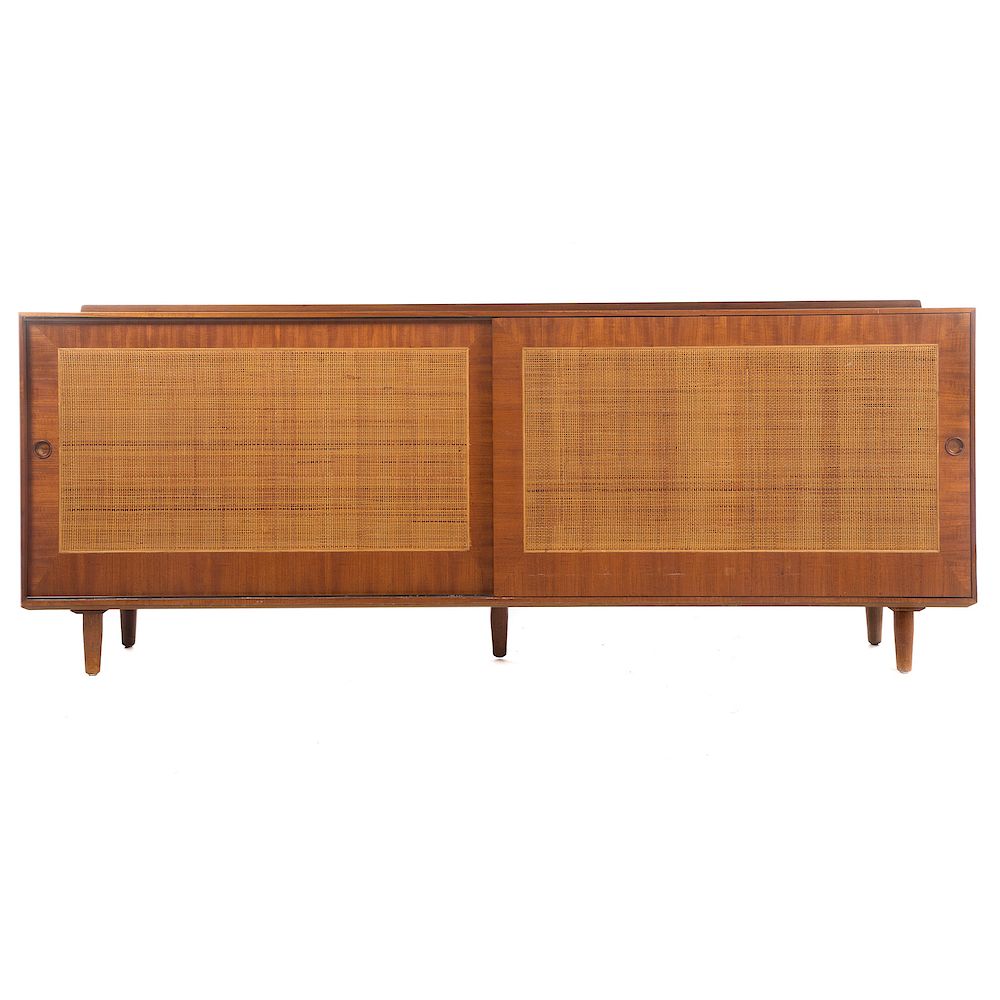 Appraisal: Finn Juhl for Baker Mid-Century Walnut Credenza circa caned paneled