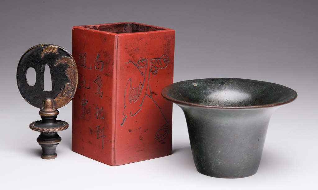 Appraisal: THREE ASIAN PIECES Late th-mid th century Bronze mortar or