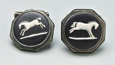 Appraisal: Pair Kalo horse cameo cufflinks white on black porcelain leaping