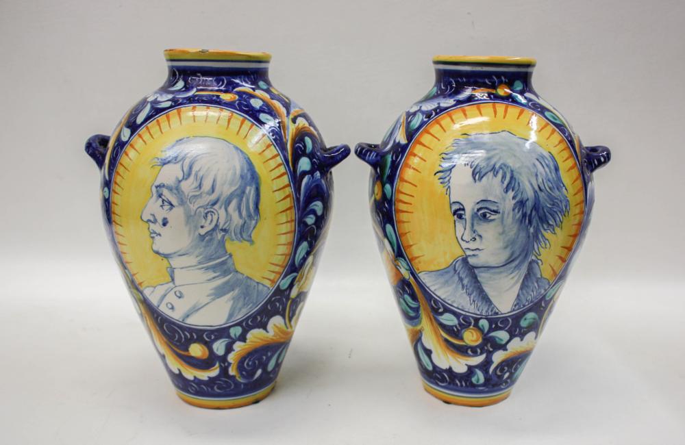 Appraisal: PAIR OF ITALIAN FAIENCE VASES ovoid form with split handles