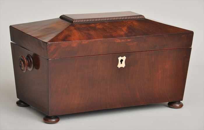 Appraisal: REGENCY MAHOGANY SARCOPHAGUS-FORM TEA CADDY The hinged lid opening to