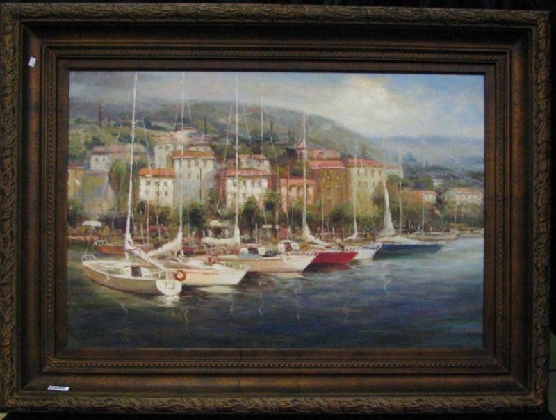 Appraisal: x Framed Decorator Oil on Canvas Depicting Sailboats in Harbor