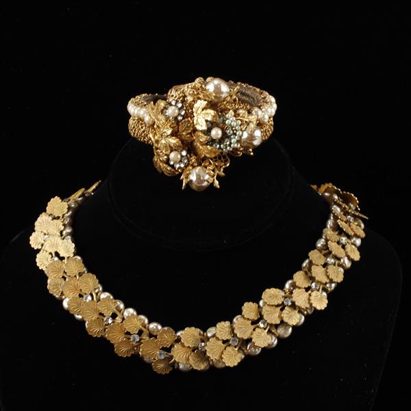 Appraisal: Miriam Haskell pc Gilt Leaves Faux Pearl Necklace Bracelet