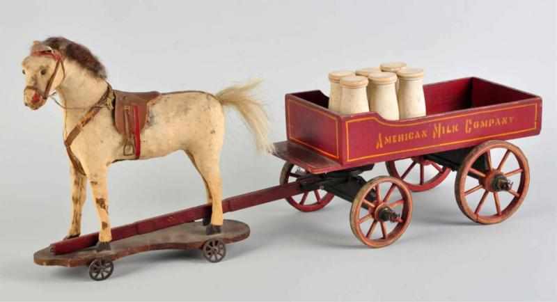 Appraisal: Hide Covered Horse Pull Toy with Milk Wagon Wooden Milk