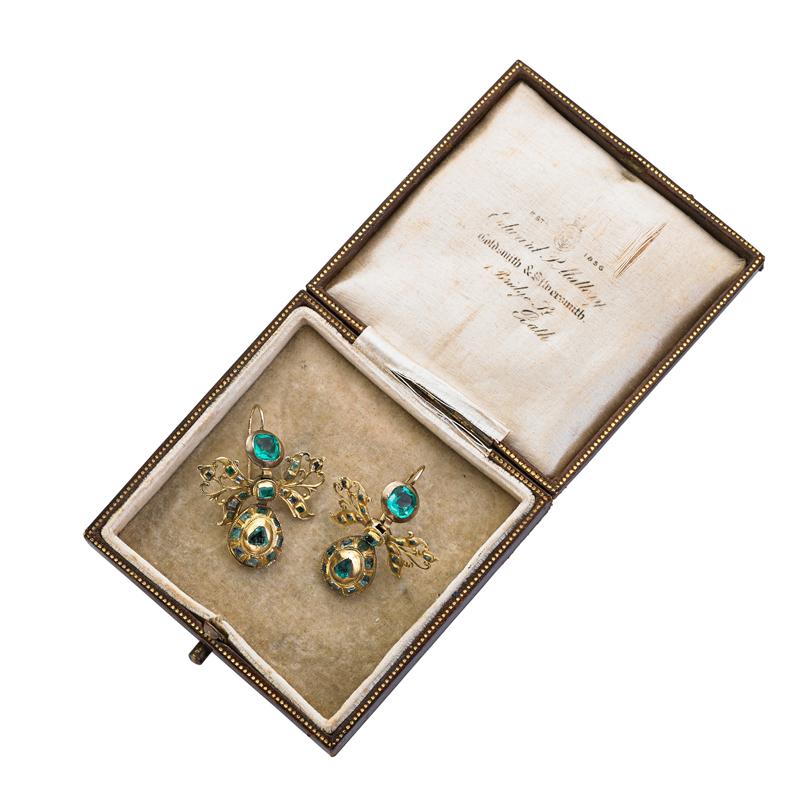 Appraisal: GEORGIAN GOLD EMERALD AND GREEN GEM EARRINGS Circular surmounts suspend