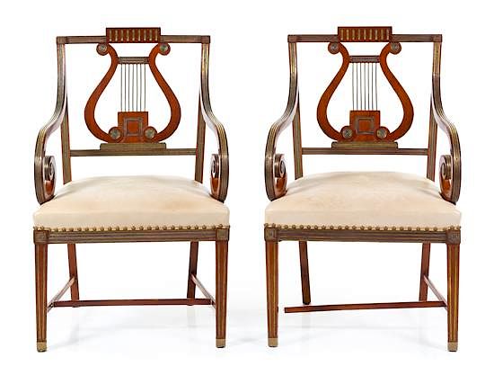 Appraisal: A Pair of Russian Neoclassical Brass Inlaid Mahogany Armchairs Height