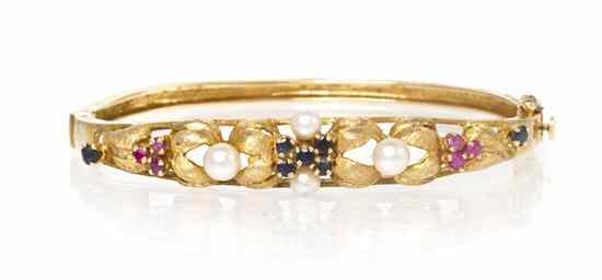 Appraisal: A Karat Yellow Gold Sapphire Ruby and Cultured Pearl Bangle