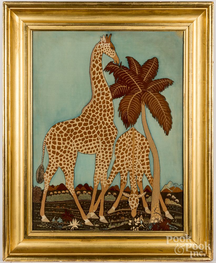 Appraisal: Large wool needlework of two giraffes Large wool needlework of