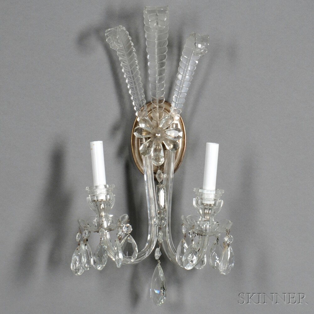 Appraisal: Three Glass Two-light Wall Sconces early th century each with