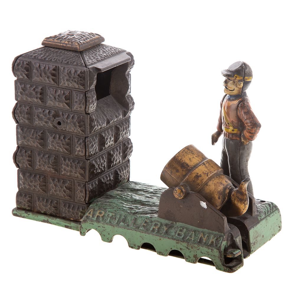 Appraisal: Artillery Bank Cast Iron Mechanical Bank Patented by J E