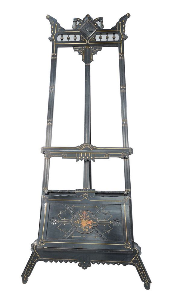 Appraisal: Aesthetic Ebonized Easel with carved crane incised lines and various