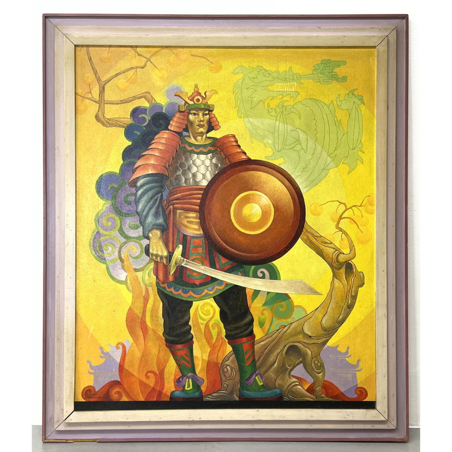 Appraisal: I H KOHL BRENNER Modernist Illustration Painting Stylized Samurai Warrior