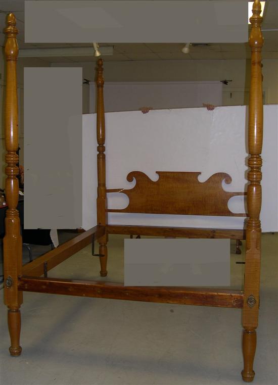 Appraisal: th C tiger maple four poster canopy bedstead missing canopy