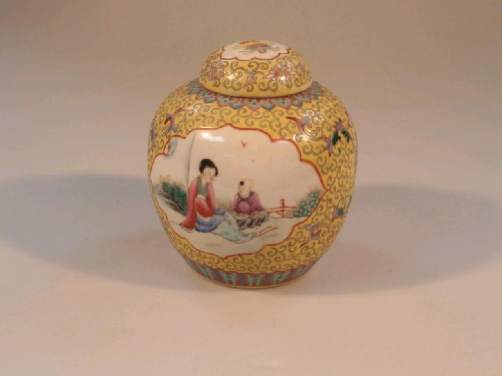 Appraisal: A Chinese famille jeune ginger jar with two reserves painted