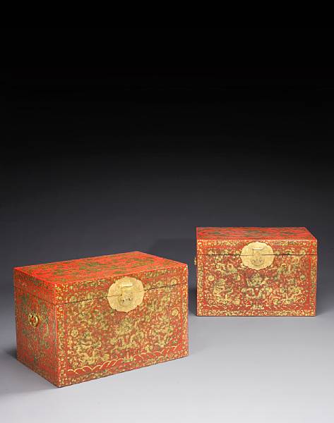 Appraisal: A fine pair of gilt decorated red lacquer storage chests