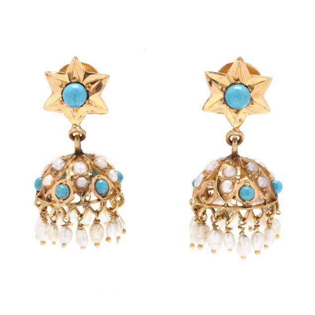 Appraisal: GOLD PEARL AND TURQUOISE JHUMKA STYLE EARRINGS INDIA The star