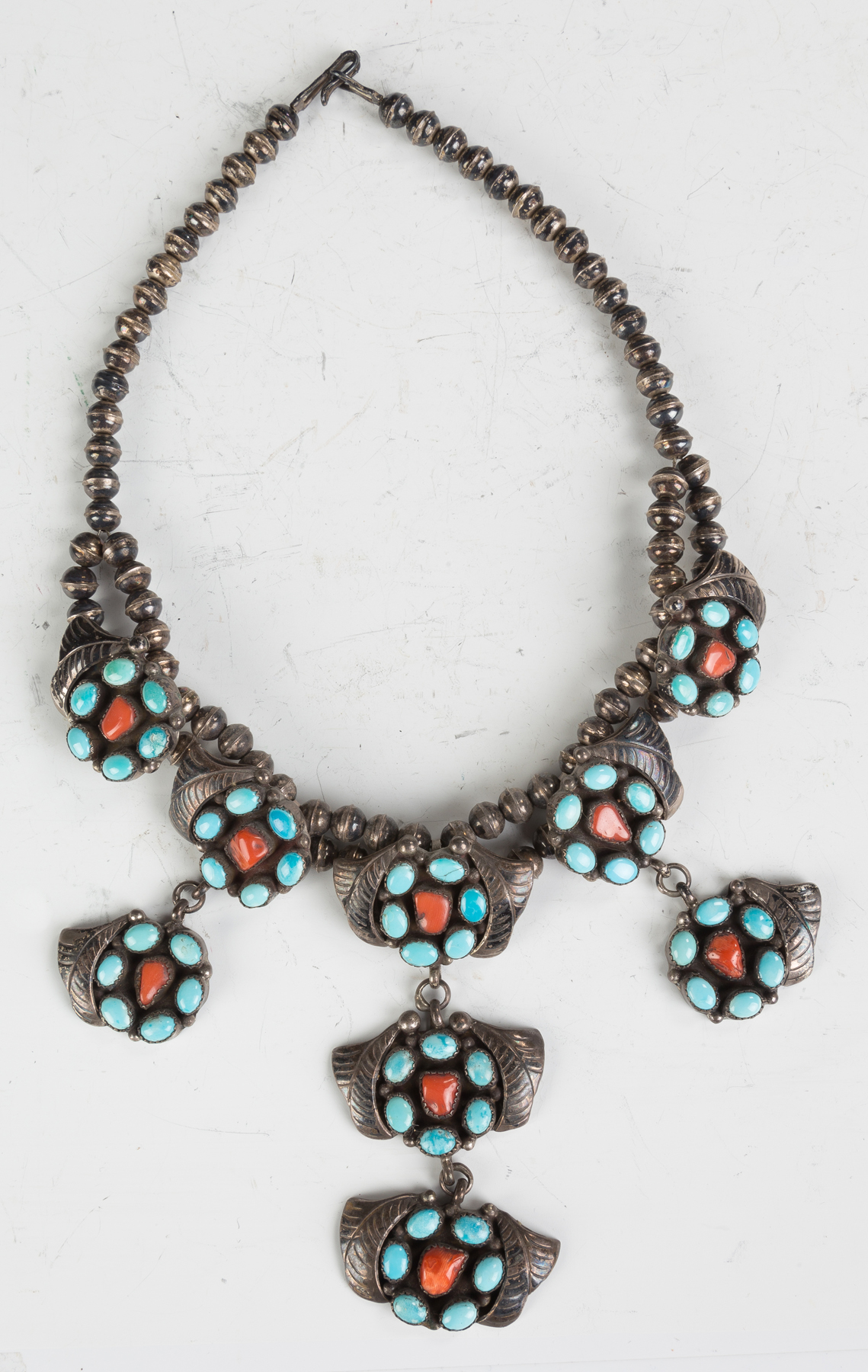 Appraisal: Vintage Navajo Silver Turquoise and Coral Necklace Signed P Smith