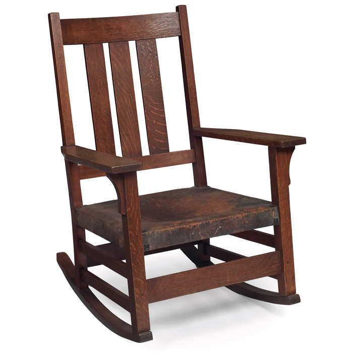 Appraisal: Gustav Stickley rocker three vertical slats at back over an