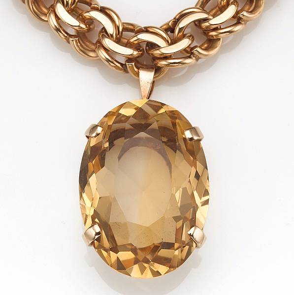 Appraisal: A citrine and k gold pendent-necklace estimated citrine weight cts