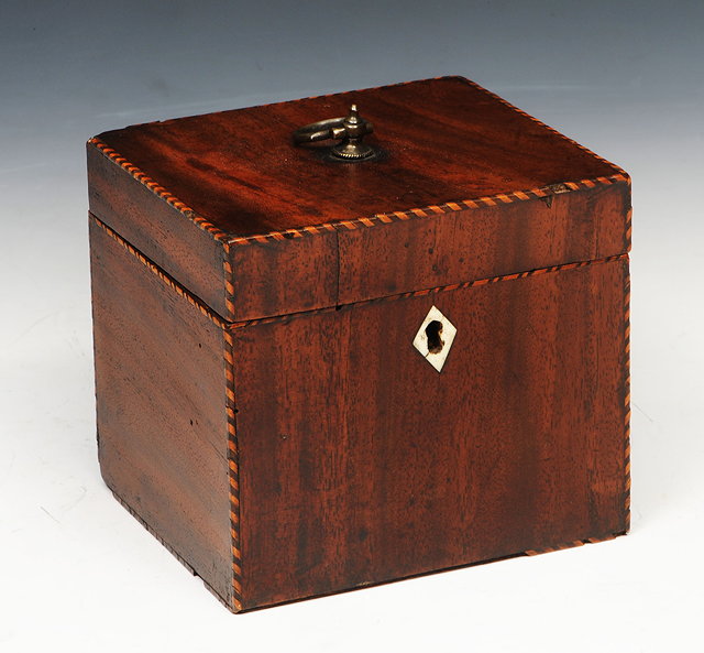 Appraisal: A GEORGE III MAHOGANY SQUARE TEA CADDY with ivory escutcheon