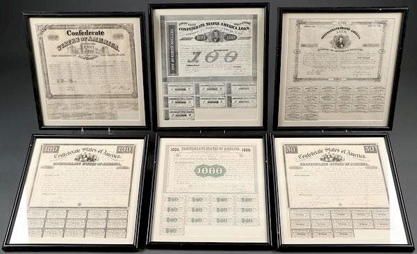 Appraisal: A GROUP OF SIX CONFEDERATE WAR BONDS CIRCA A GROUP