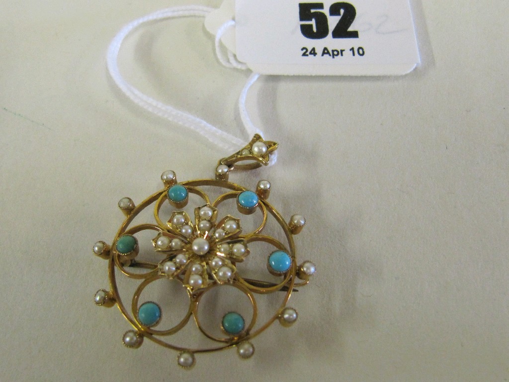 Appraisal: Edwardian ct gold turquoise and seed pearl set pendant brooch