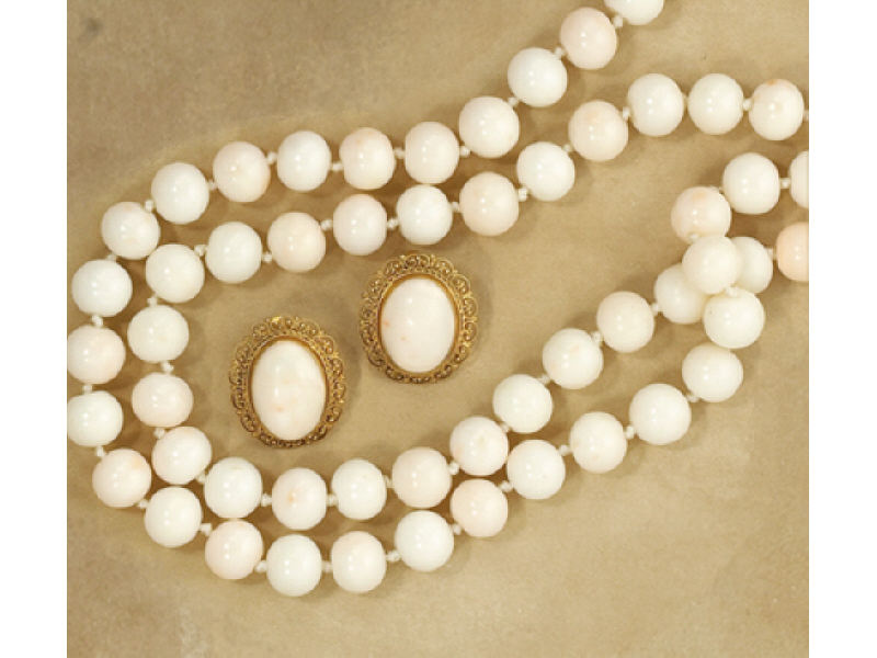 Appraisal: WHITE CORAL BEADS AND EARRINGS mm beads with k yellow