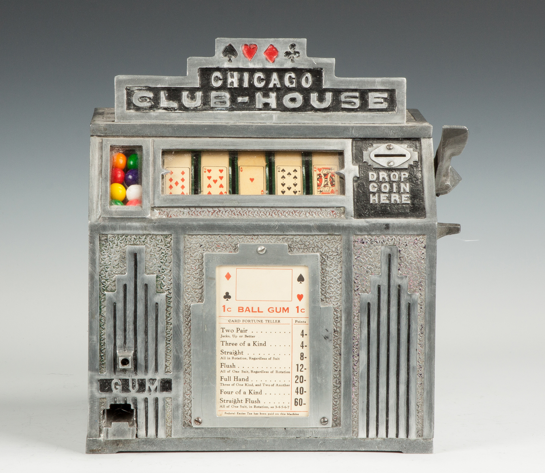 Appraisal: Chicago Club House One Cent Gumball Machine Art deco cast