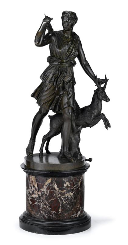 Appraisal: Bronze figure after the antique diana chasseresse Dark brown patina