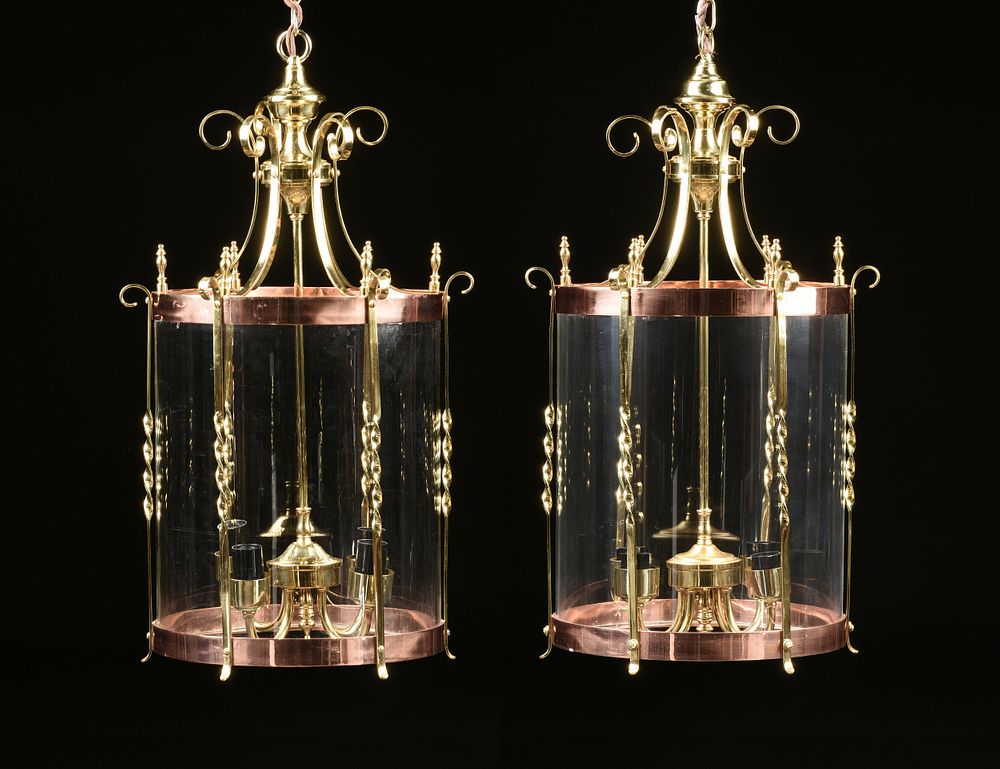 Appraisal: A PAIR OF REGENCY STYLE BRASS COPPER AND GLASS FOUR-LIGHT