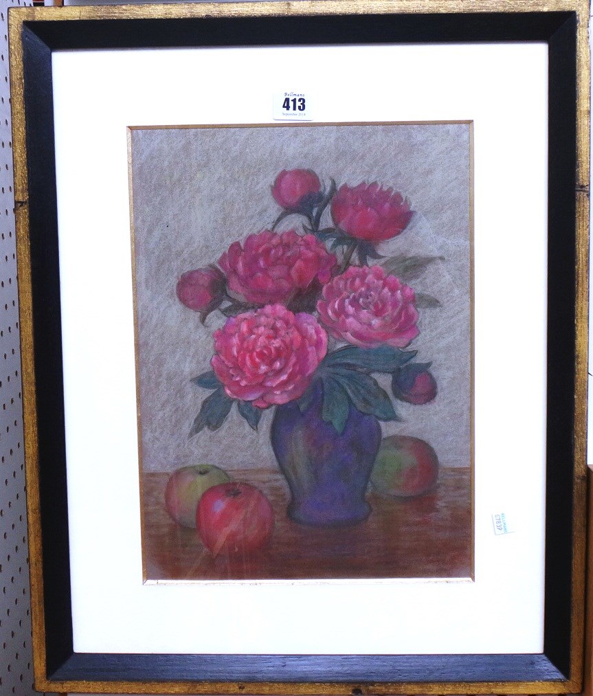 Appraisal: Frederick William George - Still life of peonies and apples