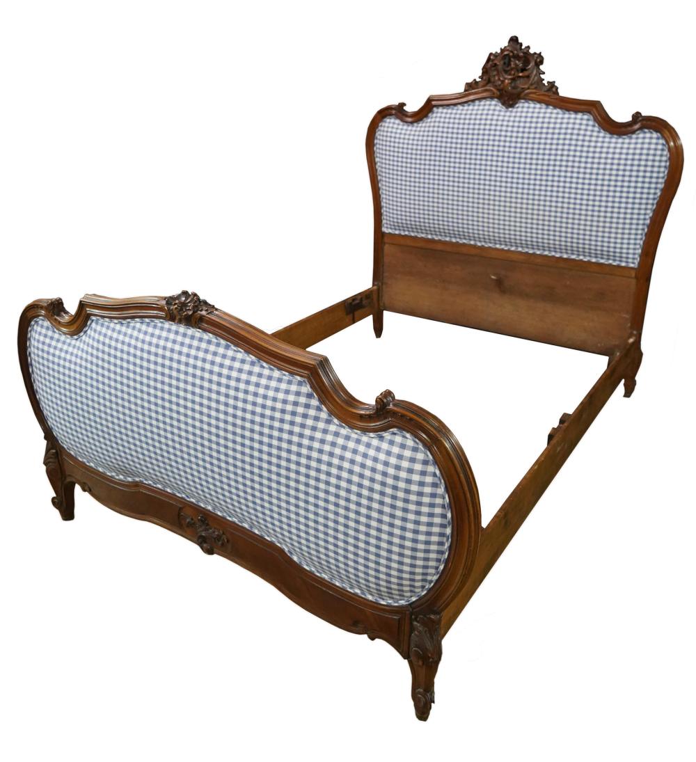 Appraisal: LOUIS XV STYLE CARVED WALNUT BEDwith blue and white gingham