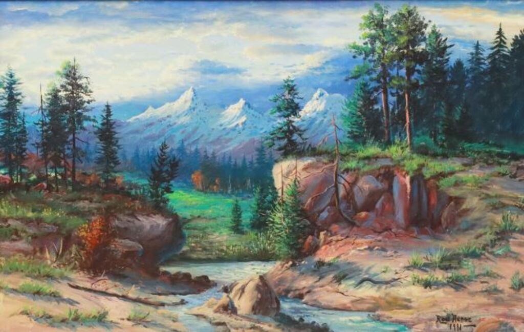 Appraisal: Framed oil on Masonite painting Mountain Landscape with Creek signed