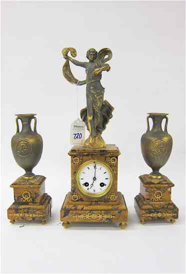 Appraisal: THREE-PIECE MARBLE AND GILDED METAL CLOCK SET A D Mougin