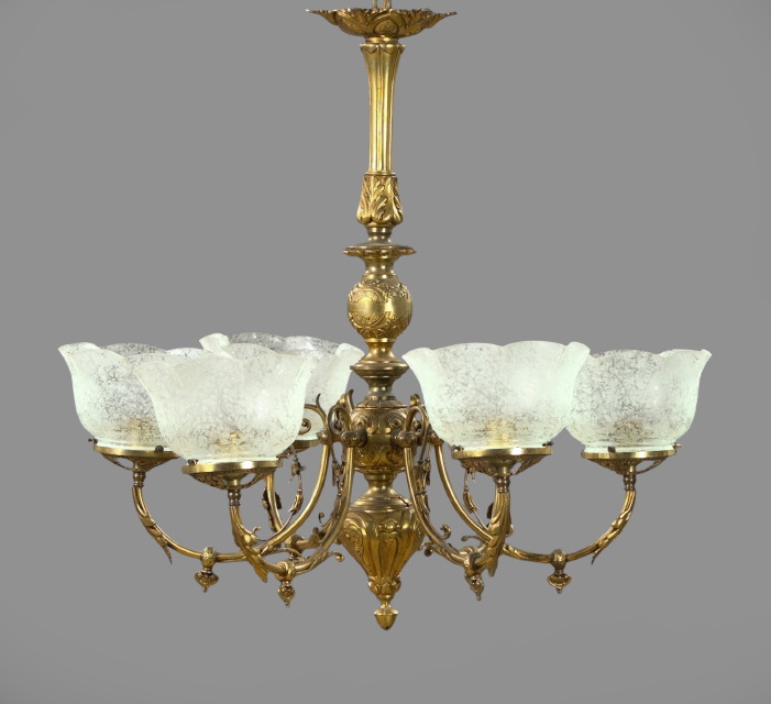 Appraisal: American Antique-Gilded Brass Six-Light Gasolier fourth quarter th century in