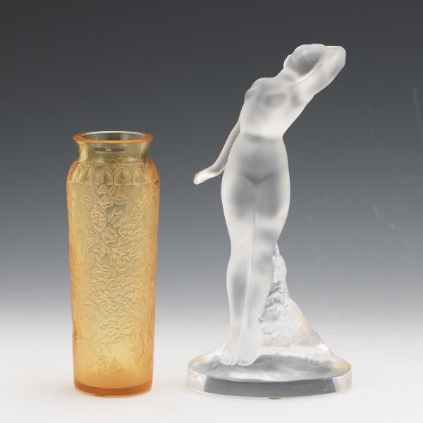 Appraisal: TWO LALIQUE GLASS TABLE ITEMS Frosted Danseuse figurine and an