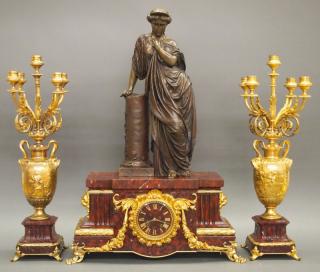 Appraisal: French Mantel clock and candelabra A th century French bronze