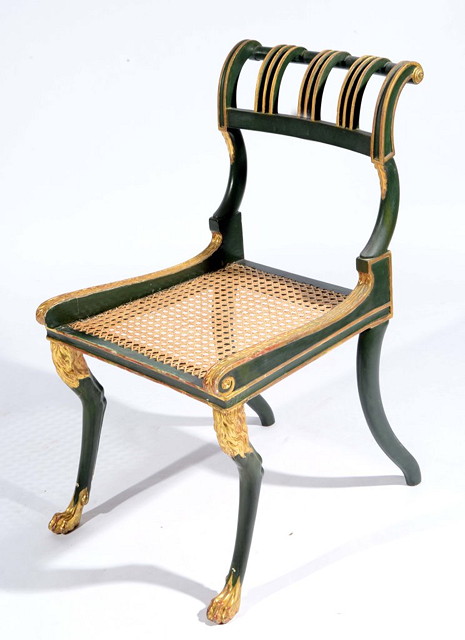 Appraisal: A REGENCY STYLE GREEN AND GILT PAINTED SIDE CHAIR with