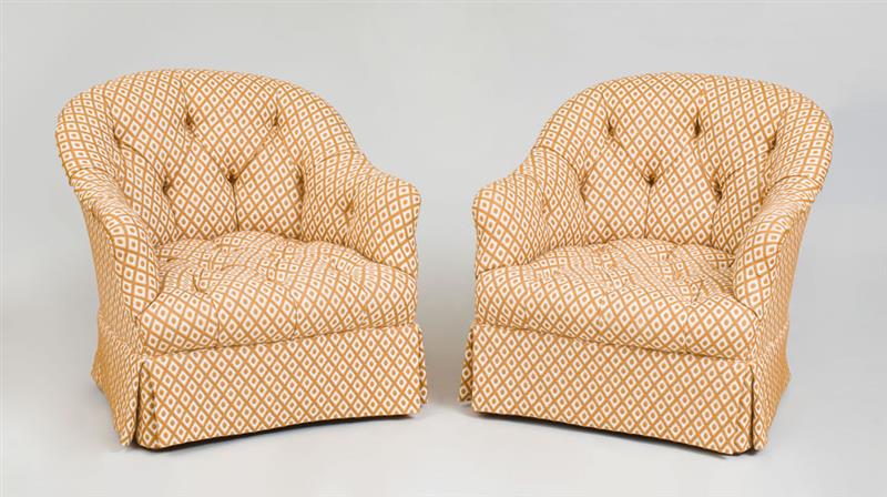 Appraisal: PAIR OF TUFTED UPHOLSTERED TUB CHAIRS DESIGNED BY PARISH HADLEY