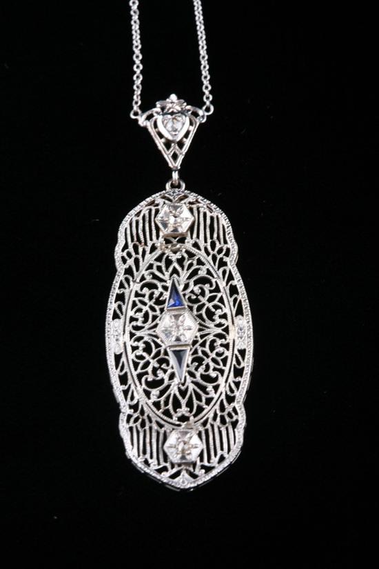 Appraisal: ART DECO K WHITE GOLD DIAMOND AND SAPPHIRE NECKLACE Necklace