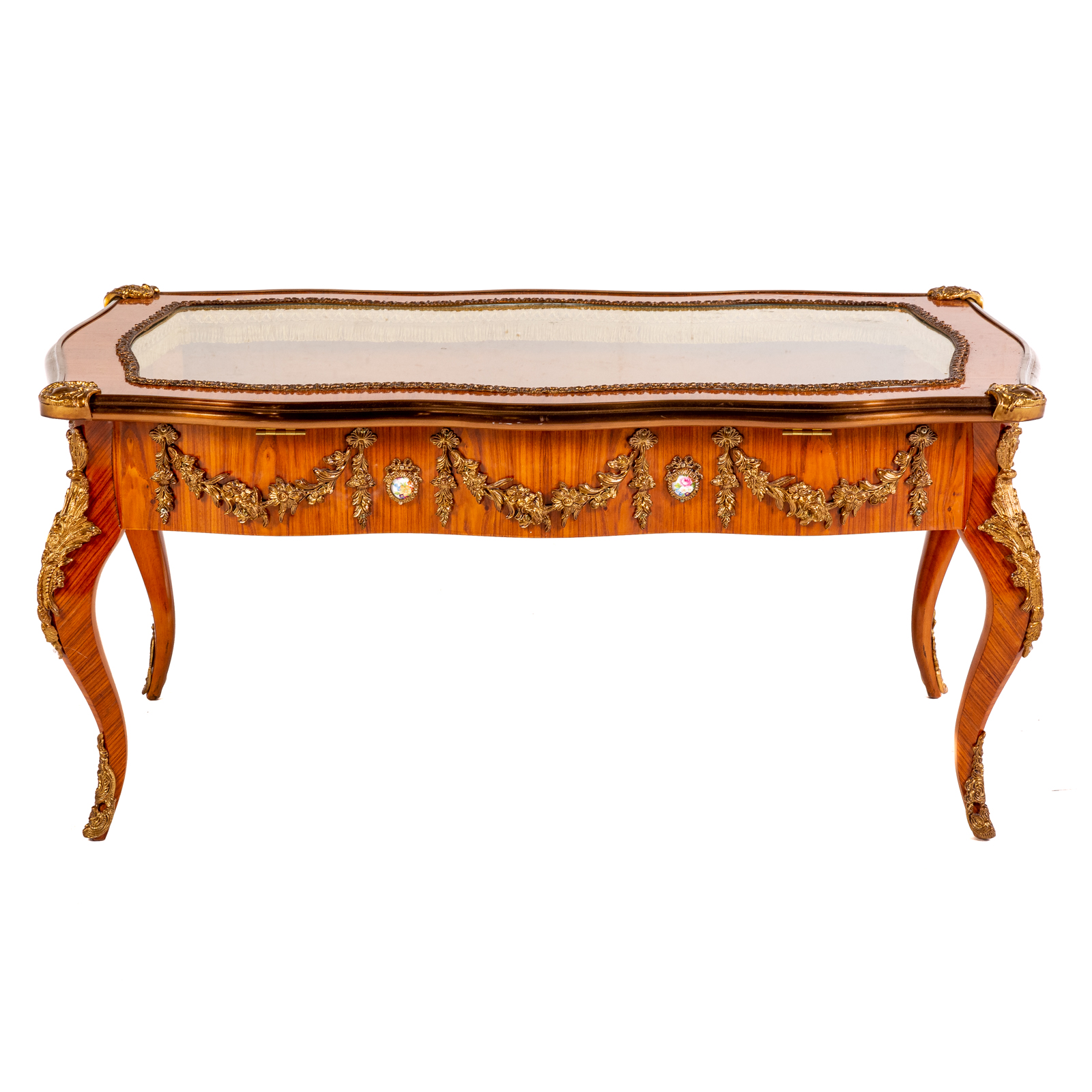 Appraisal: LOUIS XV STYLE FRUIT WOOD VITRINE TABLE th century with