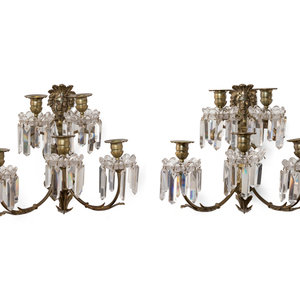 Appraisal: A Pair of Neoclassical Bronze and Cut Glass Five-Light Sconces