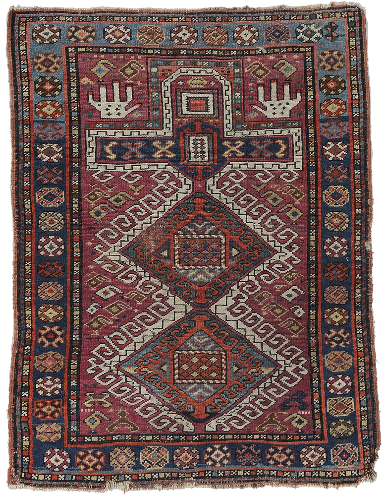 Appraisal: Caucasian Prayer Rug early th century two serrated diamond medallions